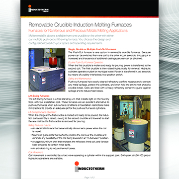 Removable Crucible Induction Melting Furnaces brochure, a related resource for Inductotherm's Lift-Swing Furnaces